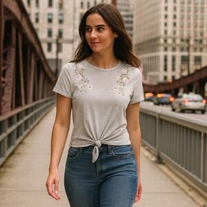 Women Only Embroidered Tie Front Top Size L Soft Girl Floral Casual Country Core